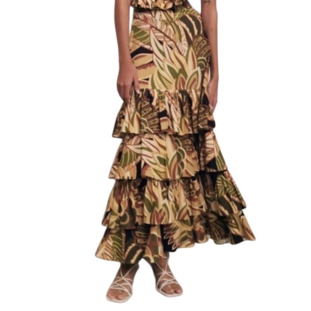 Zara Tropical Print Tiered Linen Blend Maxi Skirt Green Tan Small 7913/053 - Picture 2 of 9